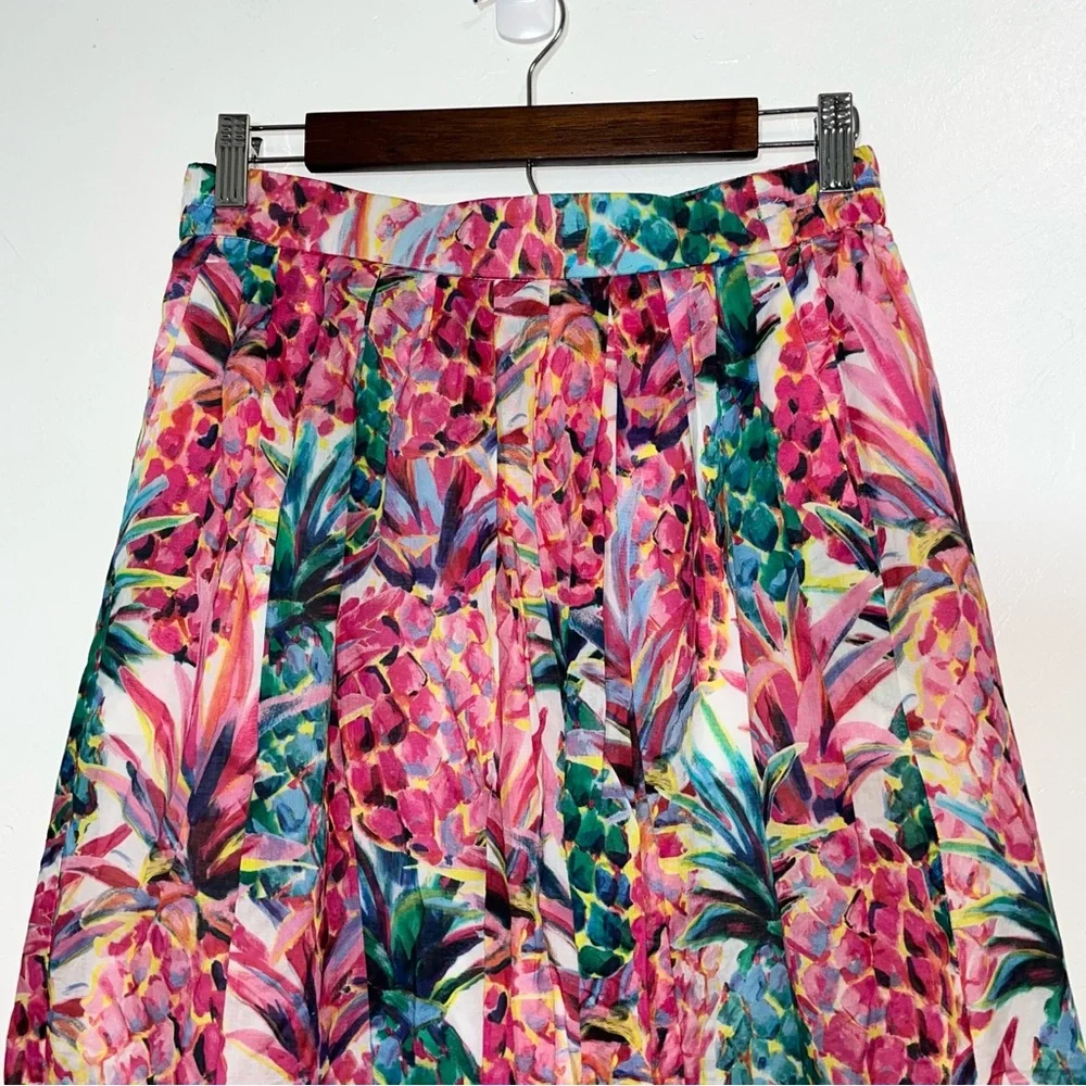 J.Crew A-Line Midi Skirt Ratti Painted Pink Pineapple Print Elastic Waist